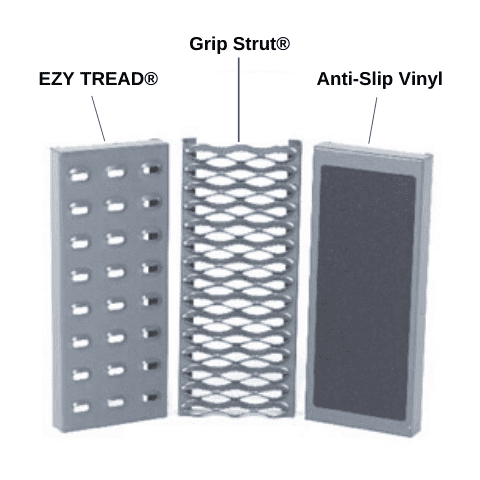 Rolling Ladder Tread Options. EZY Tread, Perforated Grip Strut, and Anti-Slip Vinyl Rubber