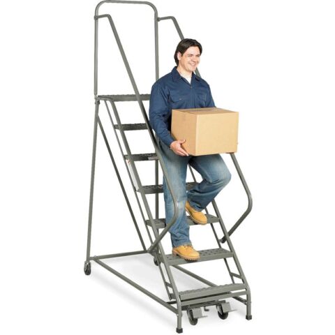 Man walking down safety degree incline rolling ladder with box model number Z027 by EGA Products