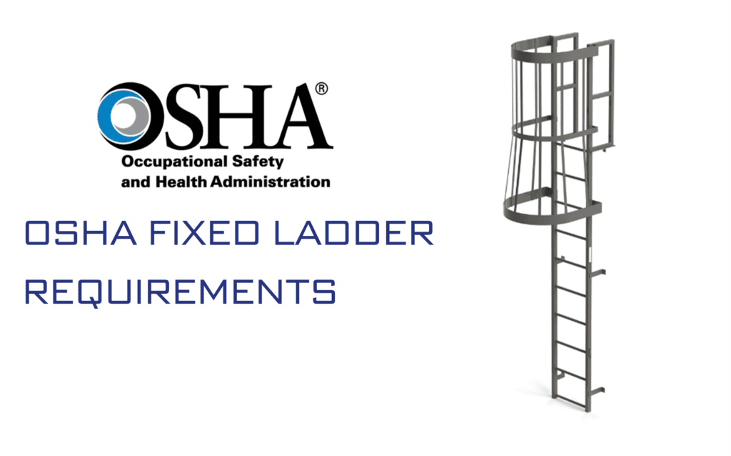 OSHA logo with text "OSHA fixed ladder requirements" below. EGA fixed cage ladder shown to the right